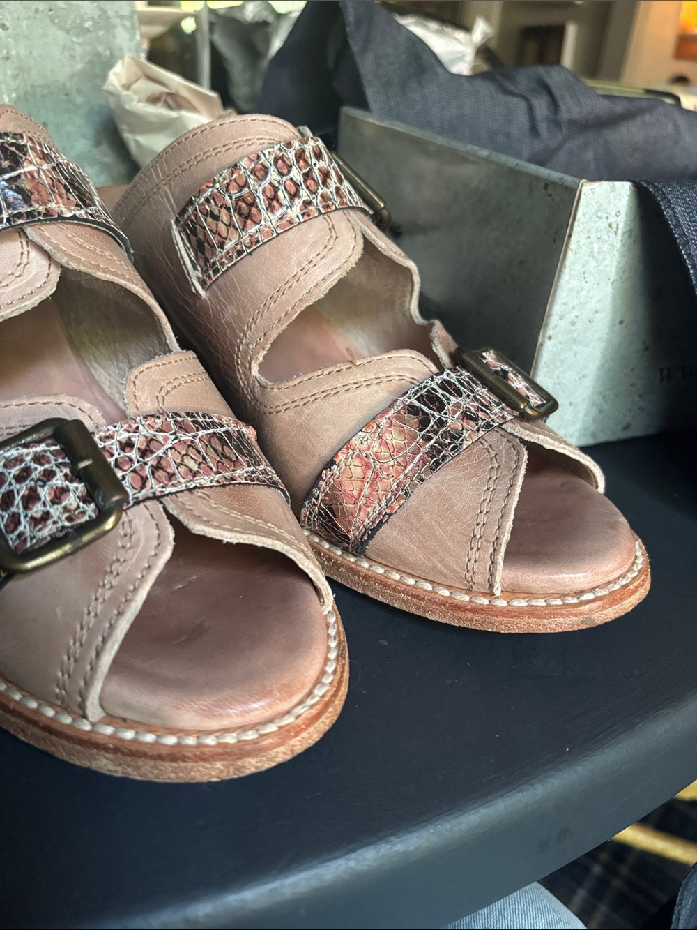Freebird Caprice by Steven Tan Leather Buckle Slide Heels with Snakeskin Accents - Picture 7 of 9